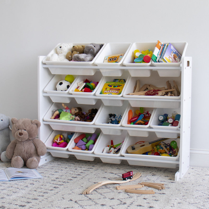 Children's Wooden Toy Organiser Shelf with 16 Plastic Bins, White