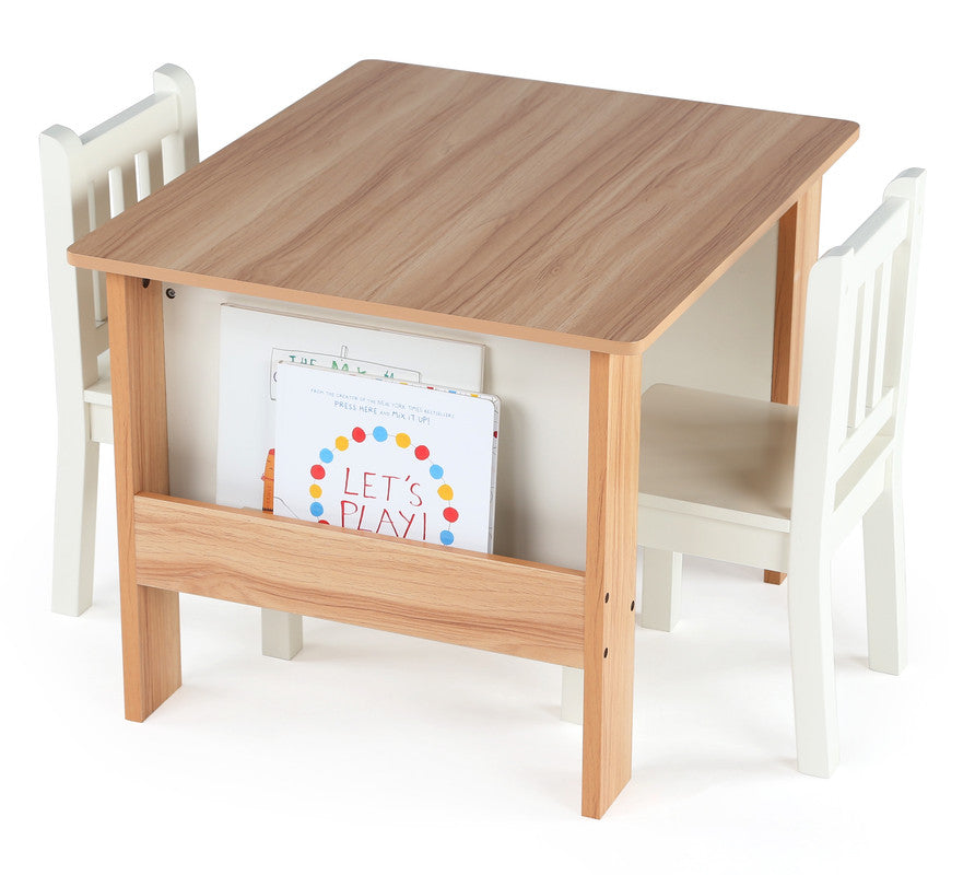 Children's Wood Table and 2 Chairs Set with Book Storage, Natural/White