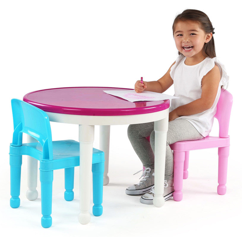 Childrens 2-in-1 Plastic Building Blocks-Compatible Activity Table and 2 Chairs Set, Round, White/Blue/Pink