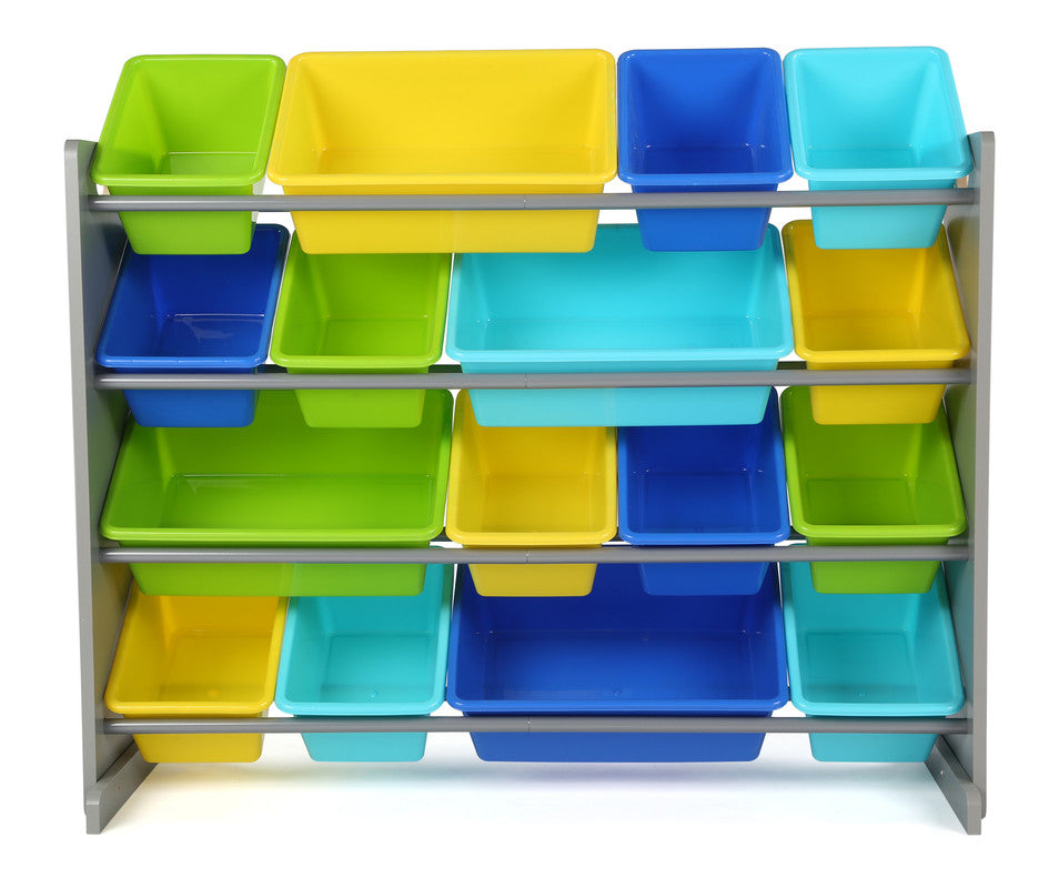 Children's Toy Organiser Shelf with 16 Storage Boxes, Grey/Blue/Green/Yellow