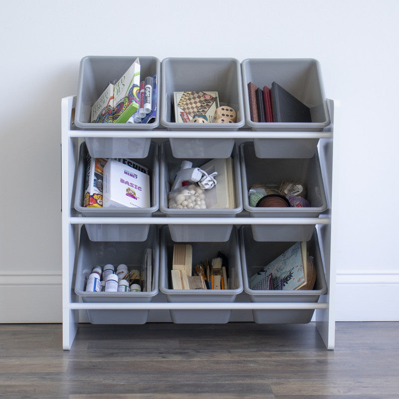 Children's Toy Organiser Shelf with 9 Storage Boxes, White/Grey