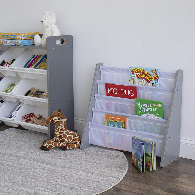 Children's Bookcase Storage Rack with 4 Tiers, Grey/White