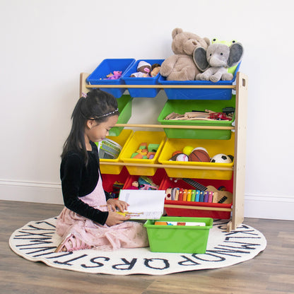 Children's Toy Organiser with 12 Storage Boxes, Natural and Multicolor