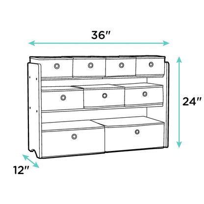 Children's Wooden Toy Organiser Shelf, 9 Fabric Bins, Grey