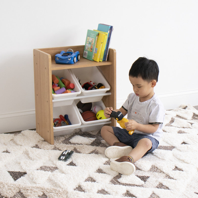 Toy Organiser Shelf with 4 Storage Boxes, Natural/White