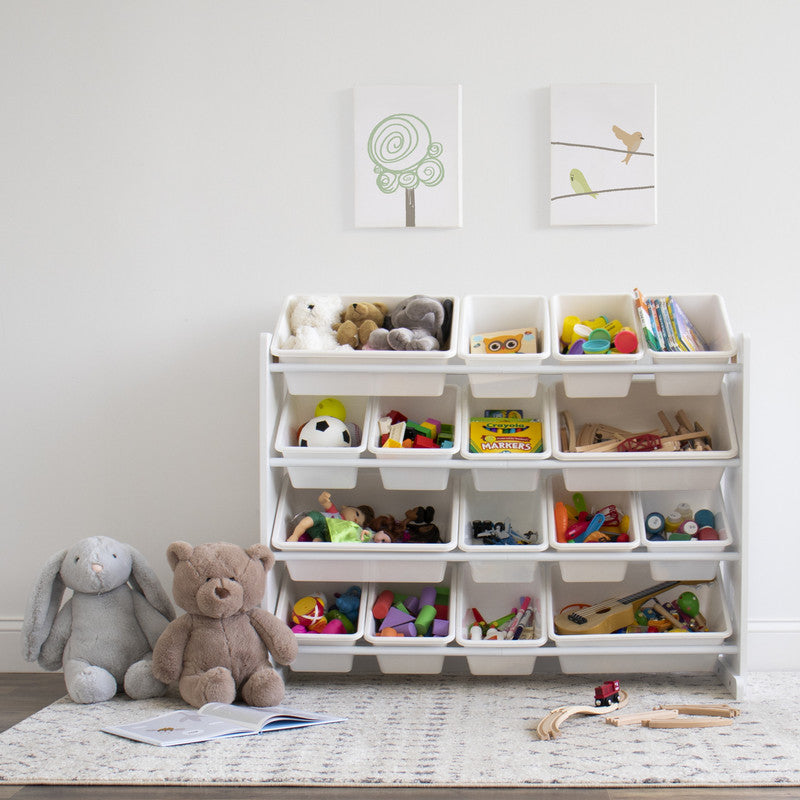 Children's Wooden Toy Organiser Shelf with 16 Plastic Bins, White
