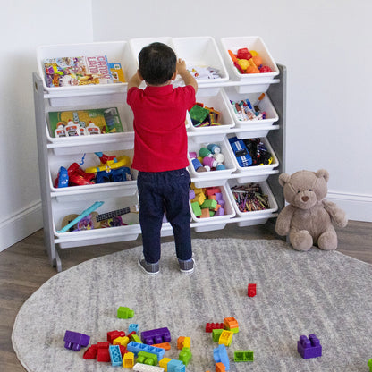 Children's Toy Organiser Shelf with 16 Storage Boxes, Grey/White