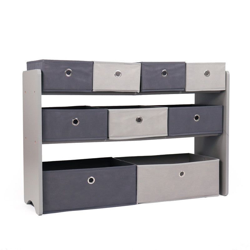 Children's Wooden Toy Organiser Shelf, 9 Fabric Bins, Grey