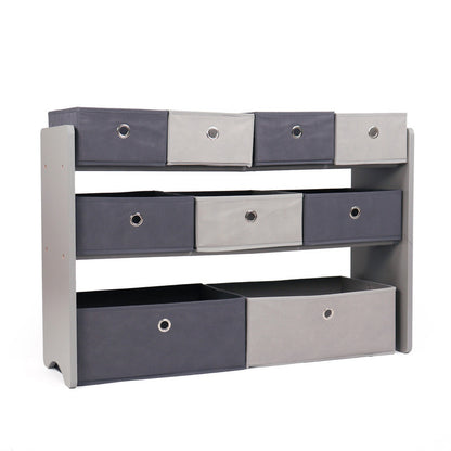 Children's Wooden Toy Organiser Shelf, 9 Fabric Bins, Grey