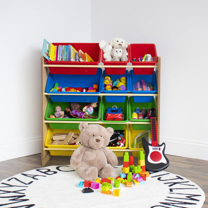 Children's Toy Organiser with 12 Storage Boxes, Natural and Multicolor