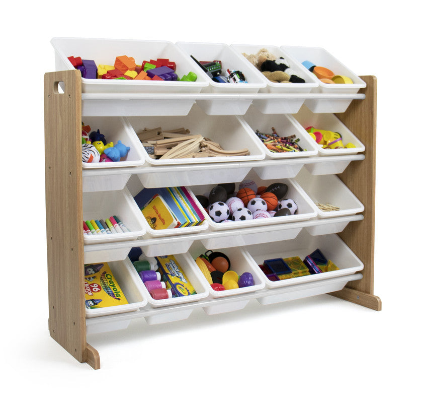 Children's Toy Organiser Shelf with 16 Storage Boxes, Natural/White