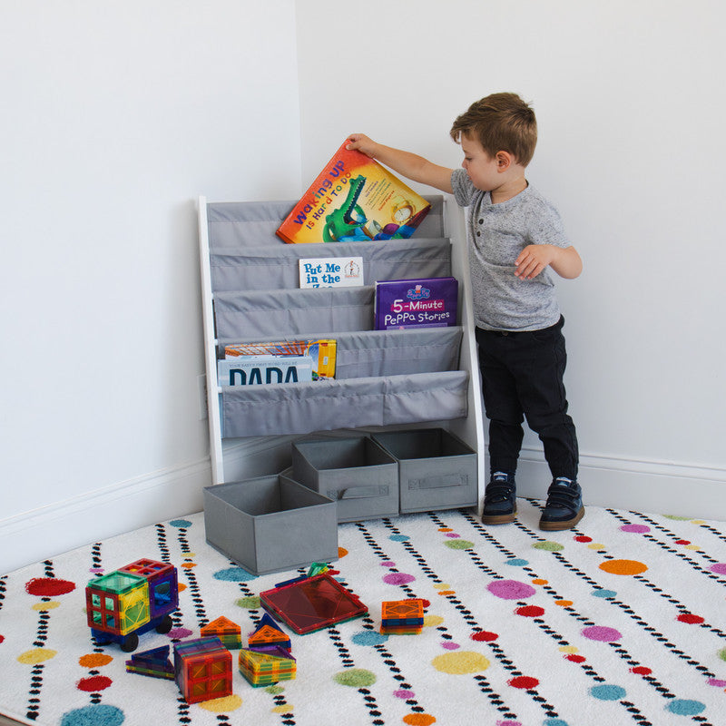 Children's Bookcase Storage Rack with 4 Tiers, White/Grey