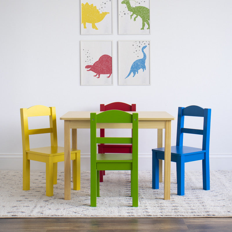 Children's Wooden Square Table and 4 Chairs Set, Natural Wood/Primary