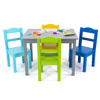 Children's Wooden Square Table and 4 Chairs Set, Grey/Blue/Green/Yellow