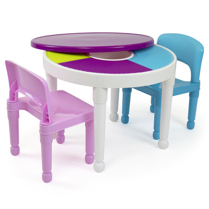 Childrens 2-in-1 Plastic Building Blocks-Compatible Activity Table and 2 Chairs Set, Round, White/Blue/Pink