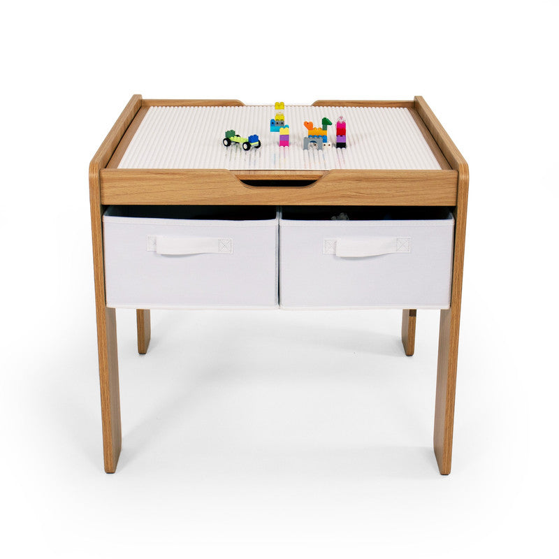 Children's Wood Building Block-Compatible Construction Table with 4 Bins, White/Natural Wood