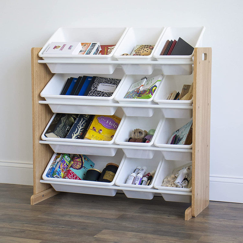 Children's Toy Organiser Shelf with 12 Storage Boxes, Natural/White