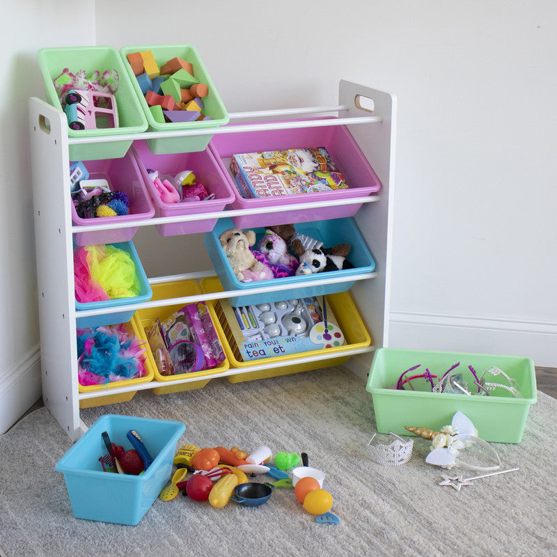 Children's Toy Organiser Shelf with 12 Storage Boxes, White and Pastels