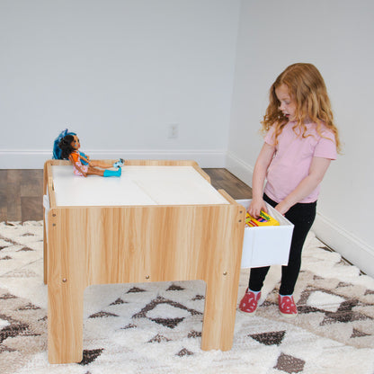 Children's Wood Building Block-Compatible Construction Table with 4 Bins, White/Natural Wood
