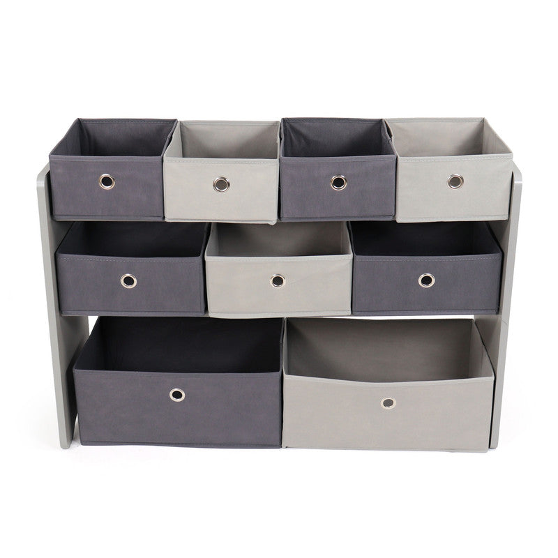 Children's Wooden Toy Organiser Shelf, 9 Fabric Bins, Grey