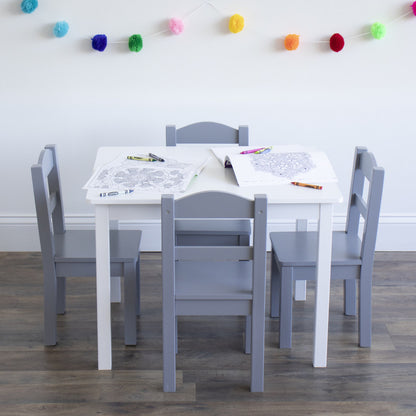 Children's Wooden Square Table and 4 Chairs Set, White/Grey