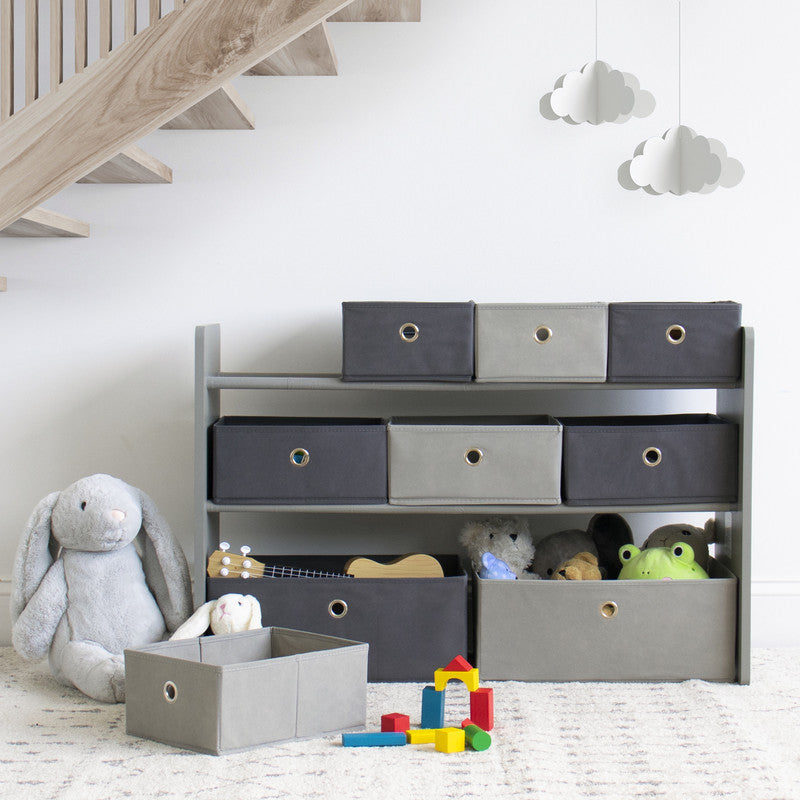 Children's Wooden Toy Organiser Shelf, 9 Fabric Bins, Grey