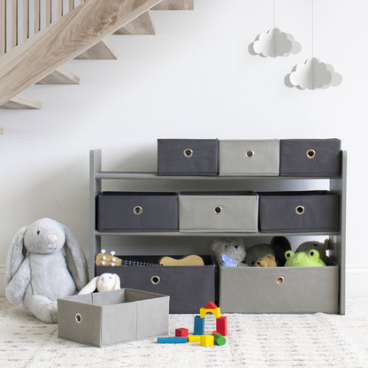 Children's Wooden Toy Organiser Shelf, 9 Fabric Bins, Grey