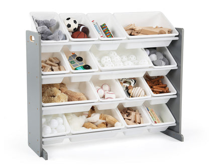 Children's Toy Organiser Shelf with 16 Storage Boxes, Grey/White
