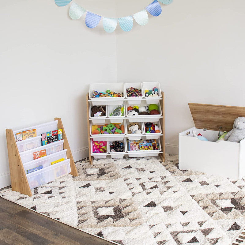 Children's Bookcase Storage Rack with 4 Tiers, Natural/White