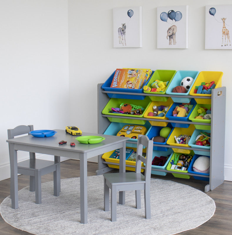 Children's Toy Organiser Shelf with 16 Storage Boxes, Grey/Blue/Green/Yellow
