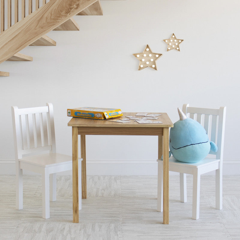 Children's Wooden Square Table and 2 Chairs Set, Natural/White