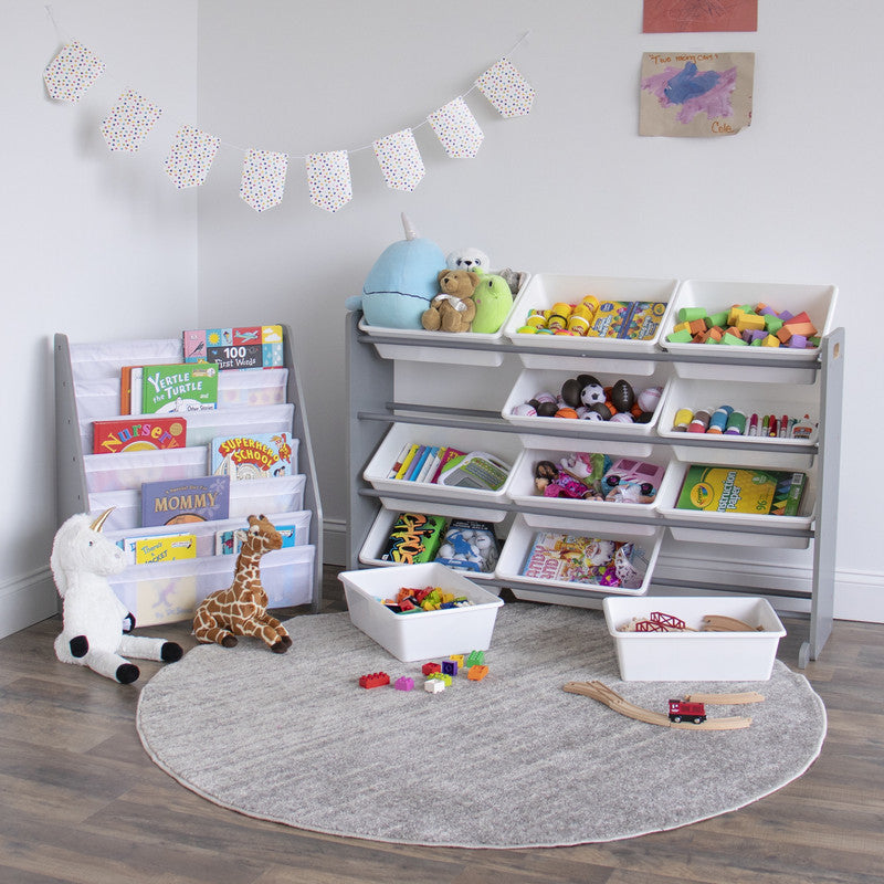 Children's Bookcase Storage Rack with 6 Tiers, Grey/White