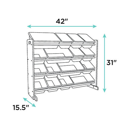 Children's Wooden Toy Organiser Shelf with 16 Plastic Bins, White