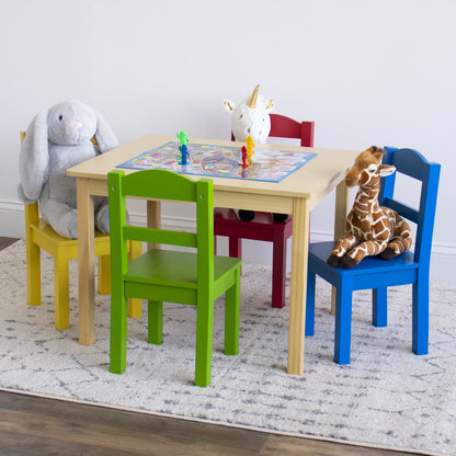 Children's Wooden Square Table and 4 Chairs Set, Natural Wood/Primary