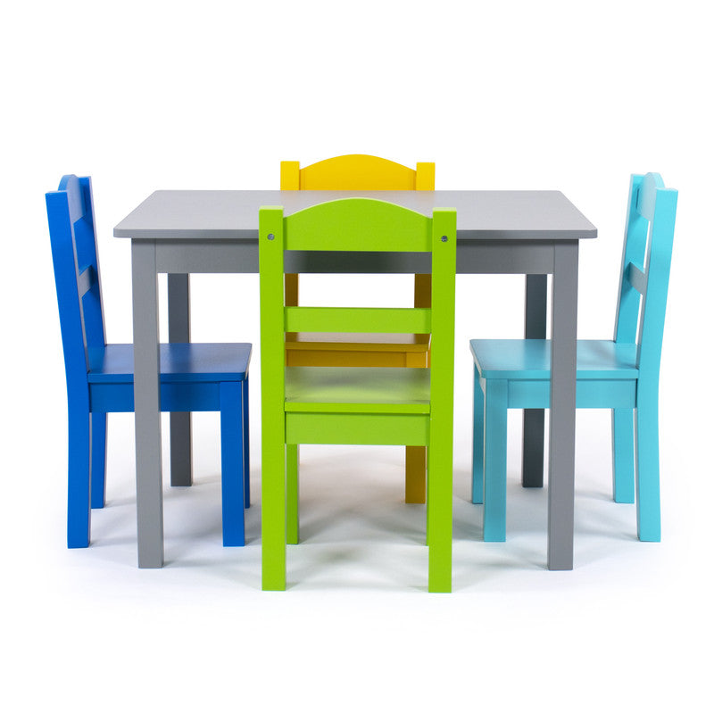 Children's Wooden Square Table and 4 Chairs Set, Grey/Blue/Green/Yellow