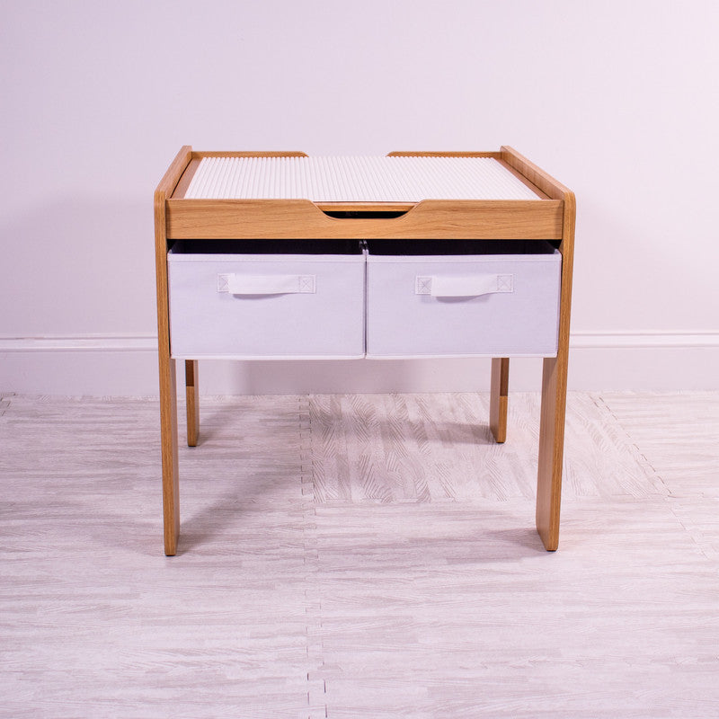 Children's Wood Building Block-Compatible Construction Table with 4 Bins, White/Natural Wood
